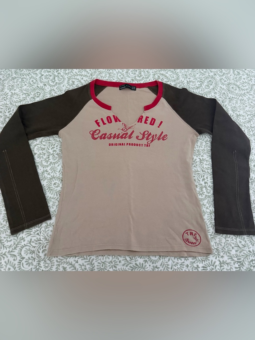 Zara Beige Long Sleeve Raglan Tee with Brown Sleeves and Red Trim